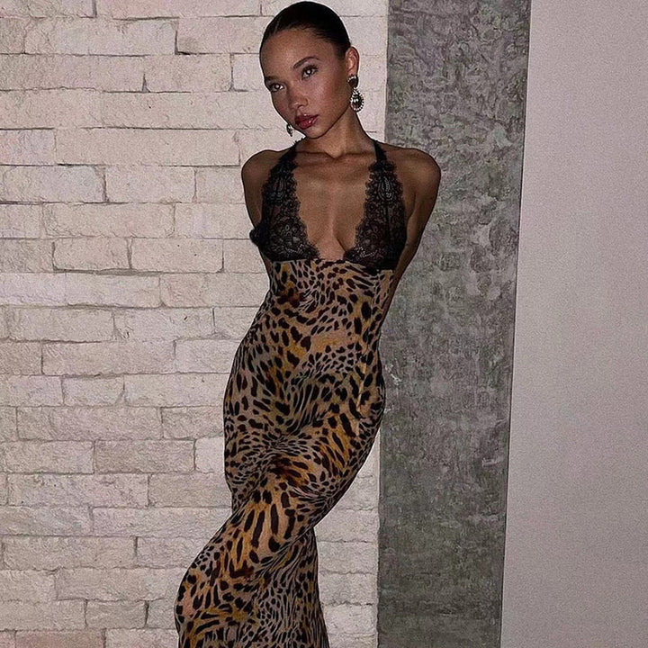 Lace halter backless printed dress