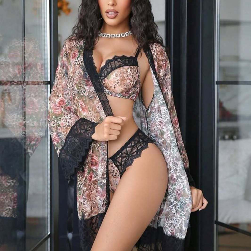 Floral Leopard-Print Sheer Lace Robe