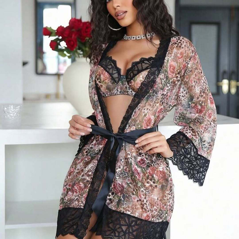 Floral Leopard-Print Sheer Lace Robe