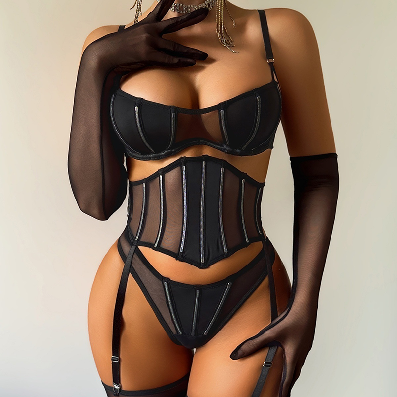Sheer Mesh Corset Lingerie Set