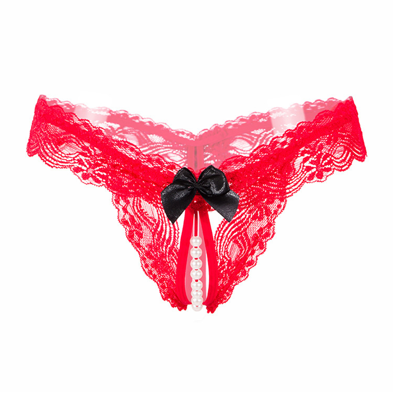 Lace Thong with Bow and Pearl Detail