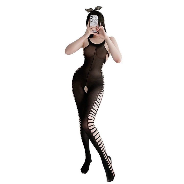 Sexy sheer black stockings, sleeveless mesh bodysuit, open crotch stockings.