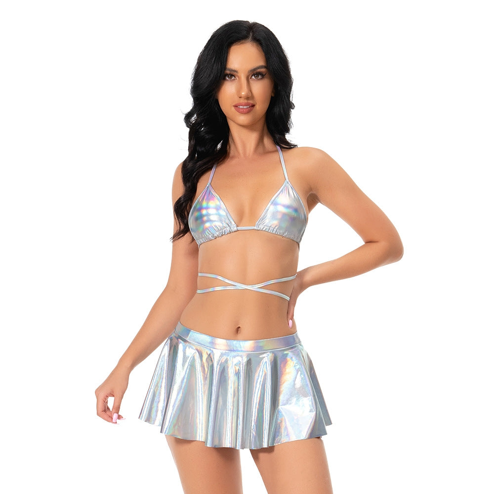Three-piece set of separate, sexy, patent leather lingerie.