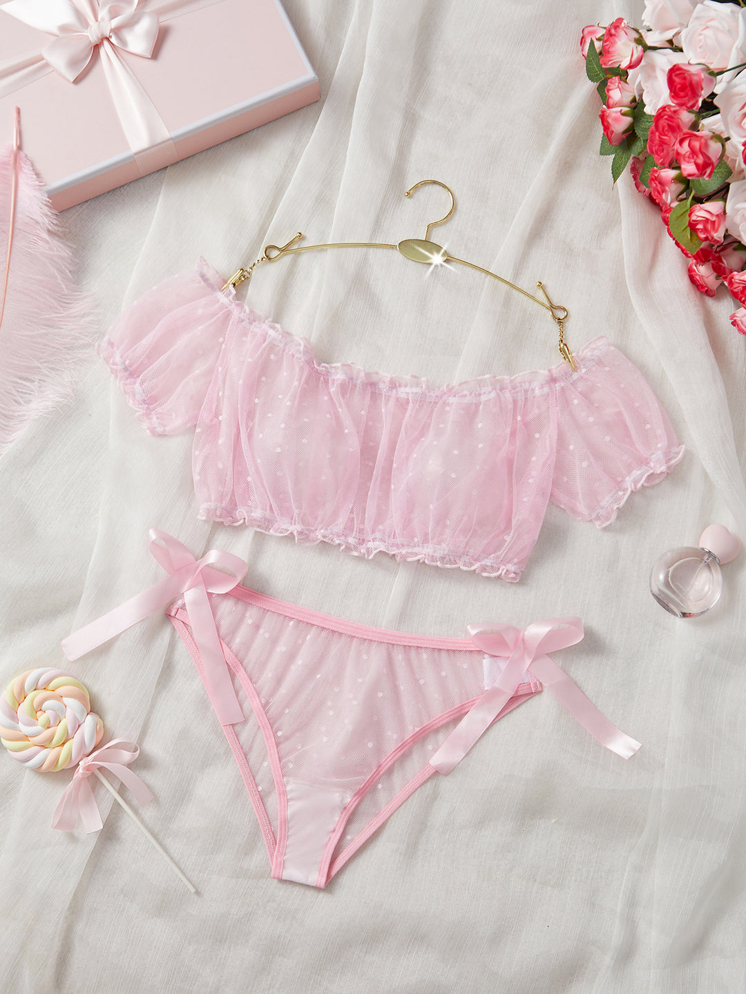 Lace and mesh sheer lingerie with polka dot pattern