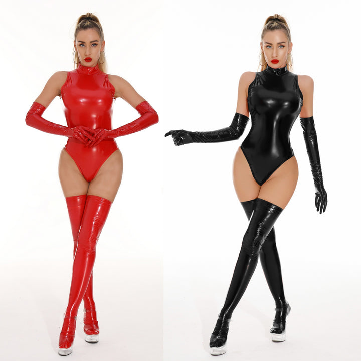Sexy mirrored bodysuit, PU patent leather zipper pants and jacket set